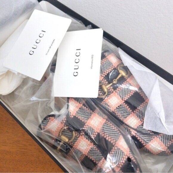NIB Gucci Princetown Bit Logo Loafer 36 Fancy Tweed Damier Black Pink Mule Slide - Picture 2 of 14